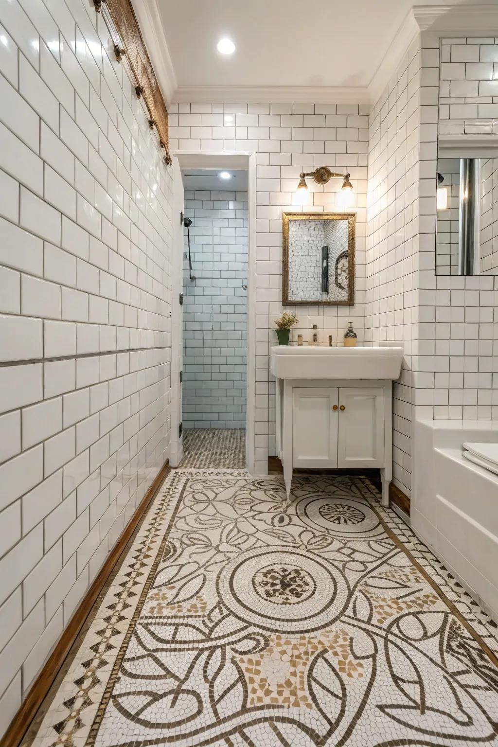 Subway tiles paired with intricate mosaic flooring.