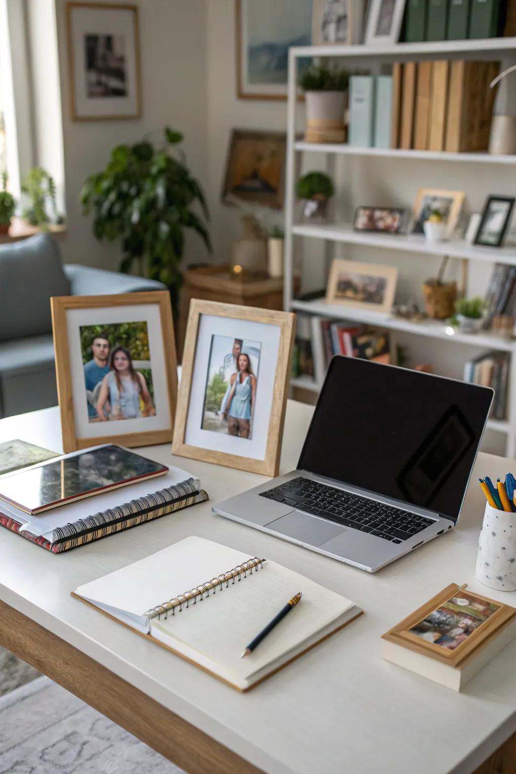 Personal photos creating a warm and inviting atmosphere on the desk.