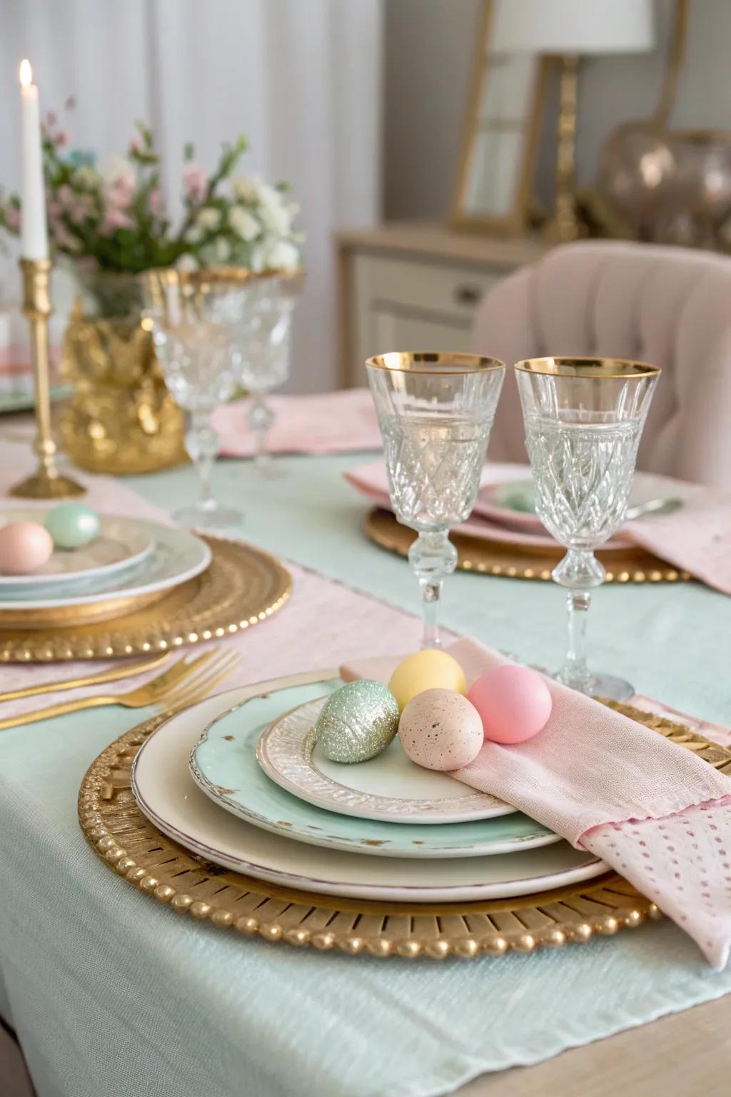 Elegant tableware with metallic details provides sophistication to your Easter table.