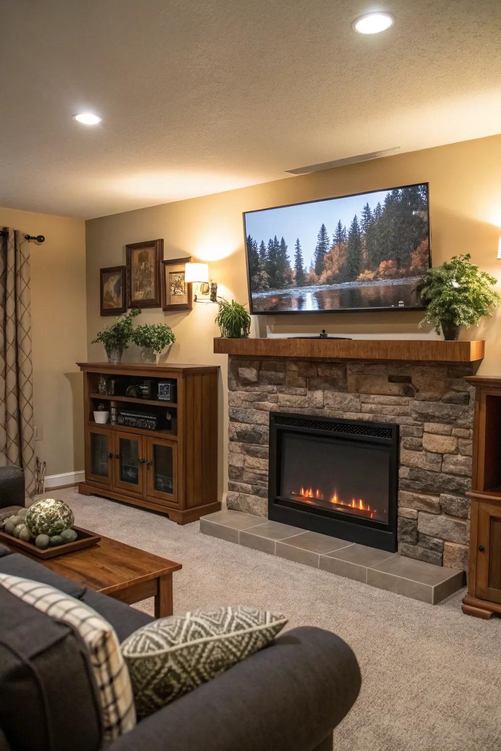 A media wall combining warmth and entertainment.