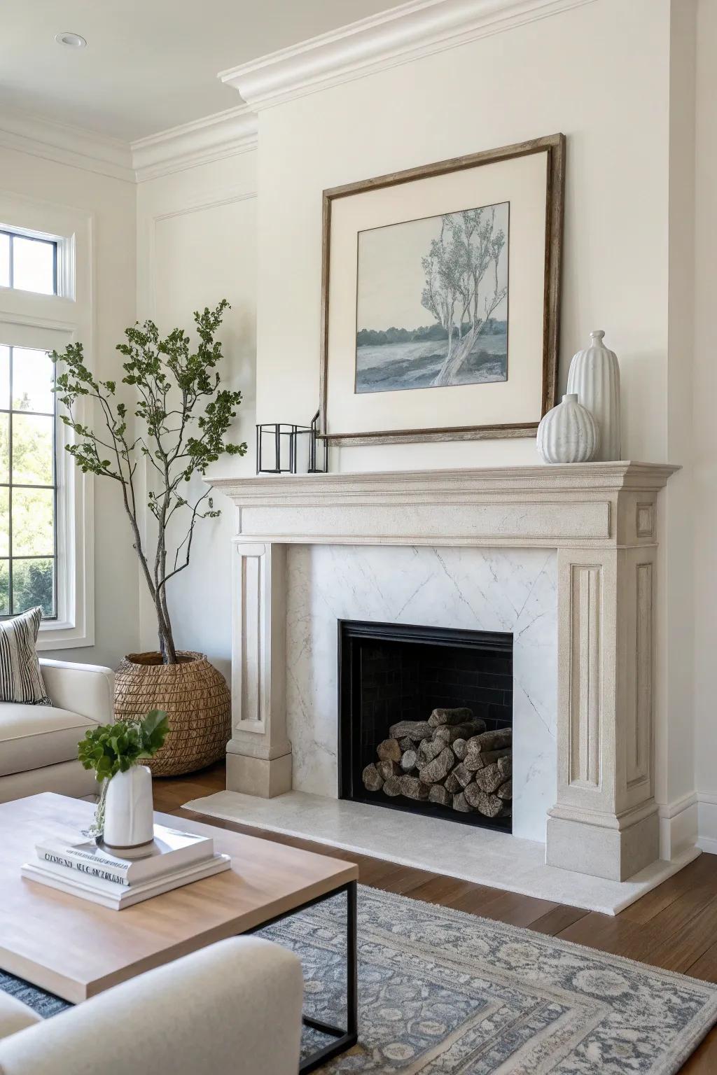 A minimalist artificial fireplace mantel featuring understated elegance.