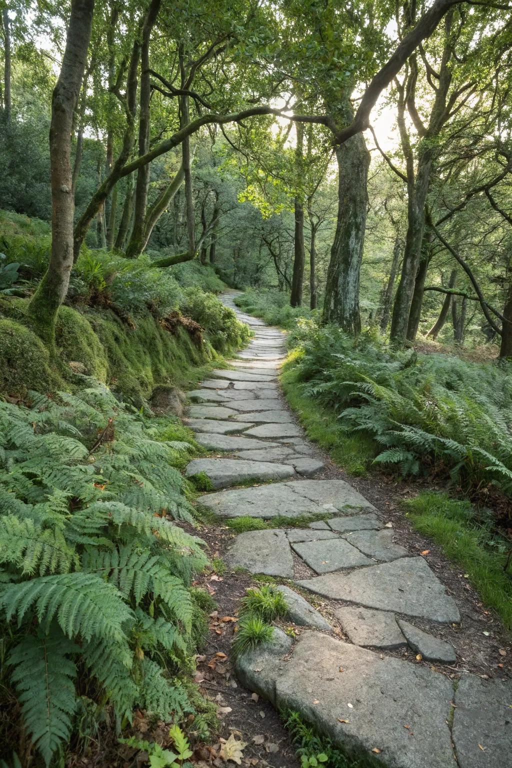 A rustic slate path within a tranquil woodland setting.