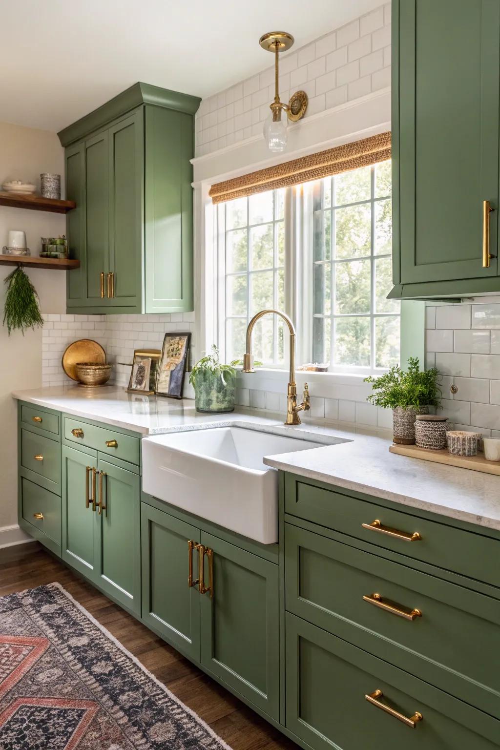 Brass fixtures imparting a luxurious radiance to a green kitchen.