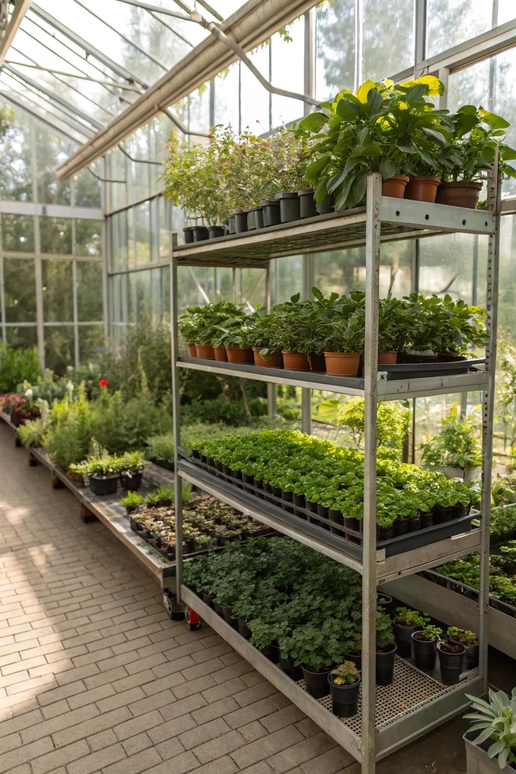 Leveled shelving inside a greenhouse, exhibiting a diverse collection of plants.