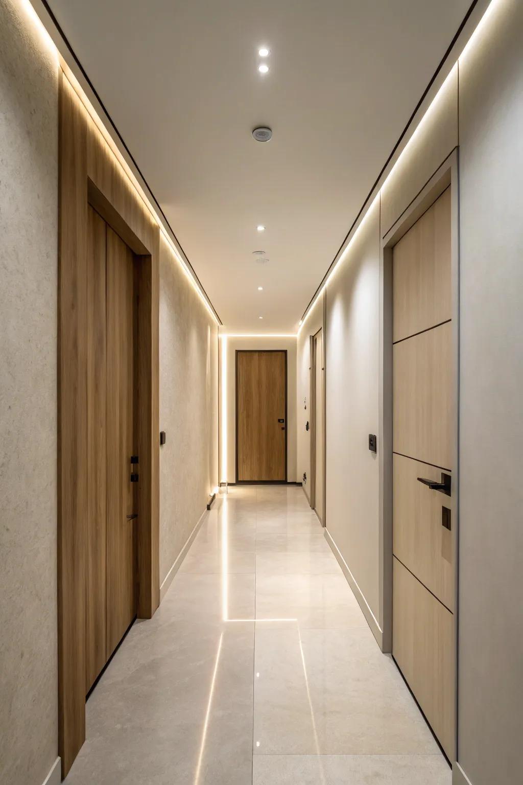 A minimalist hallway showcasing a seamlessly integrated hidden door.
