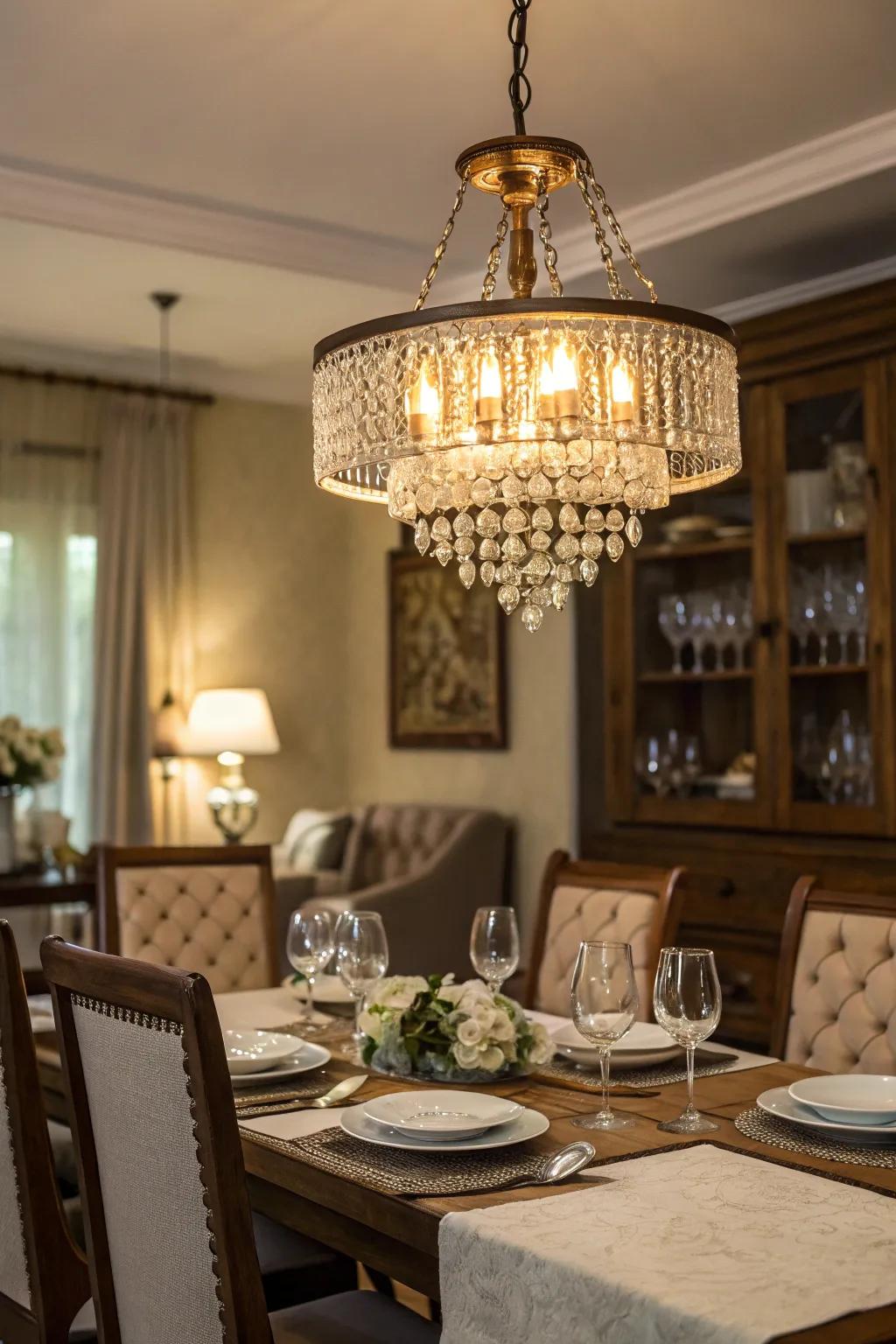 A dining area beautifully illuminated by a stunning chandelier.