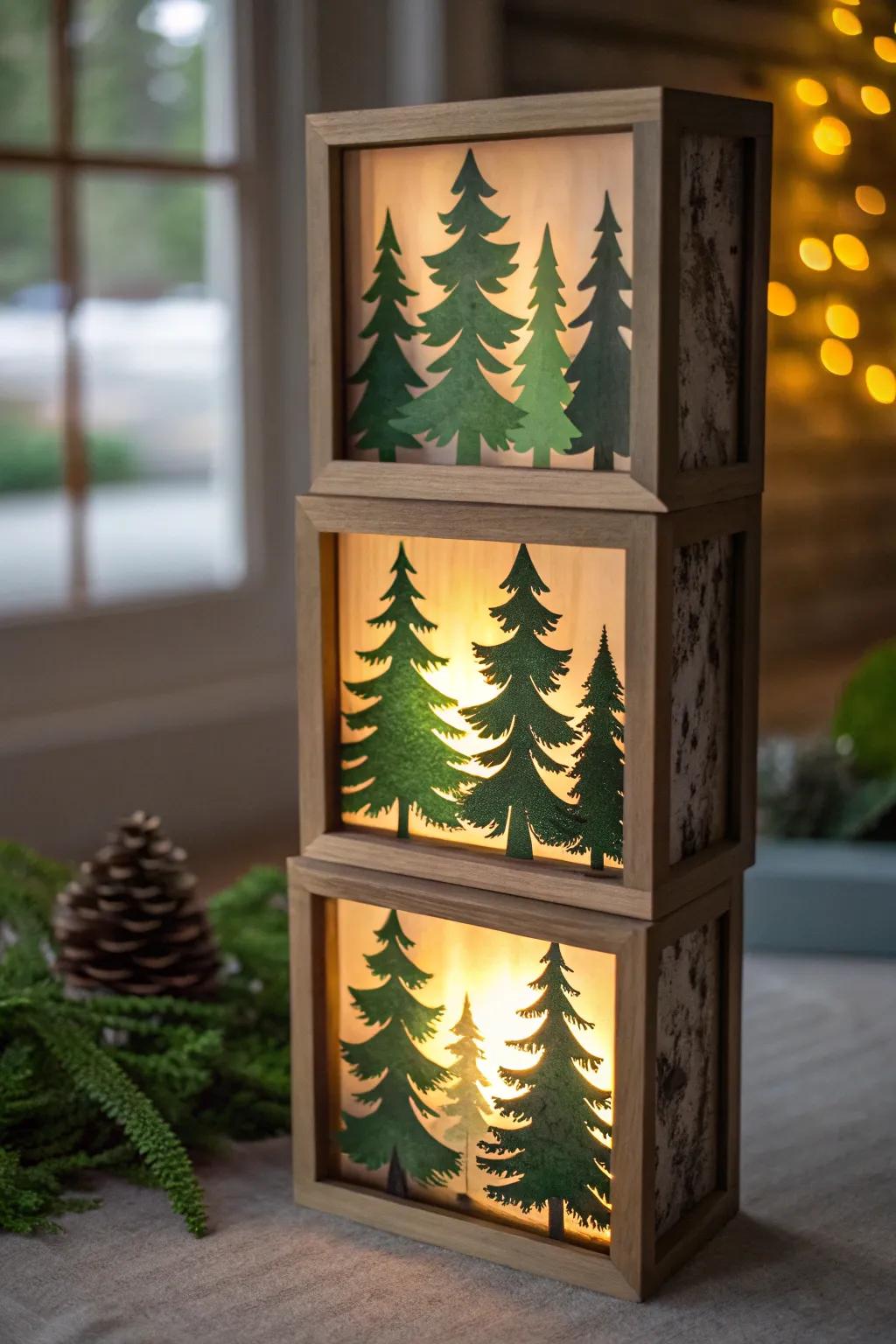 A glowing 3D forest within a shadow box