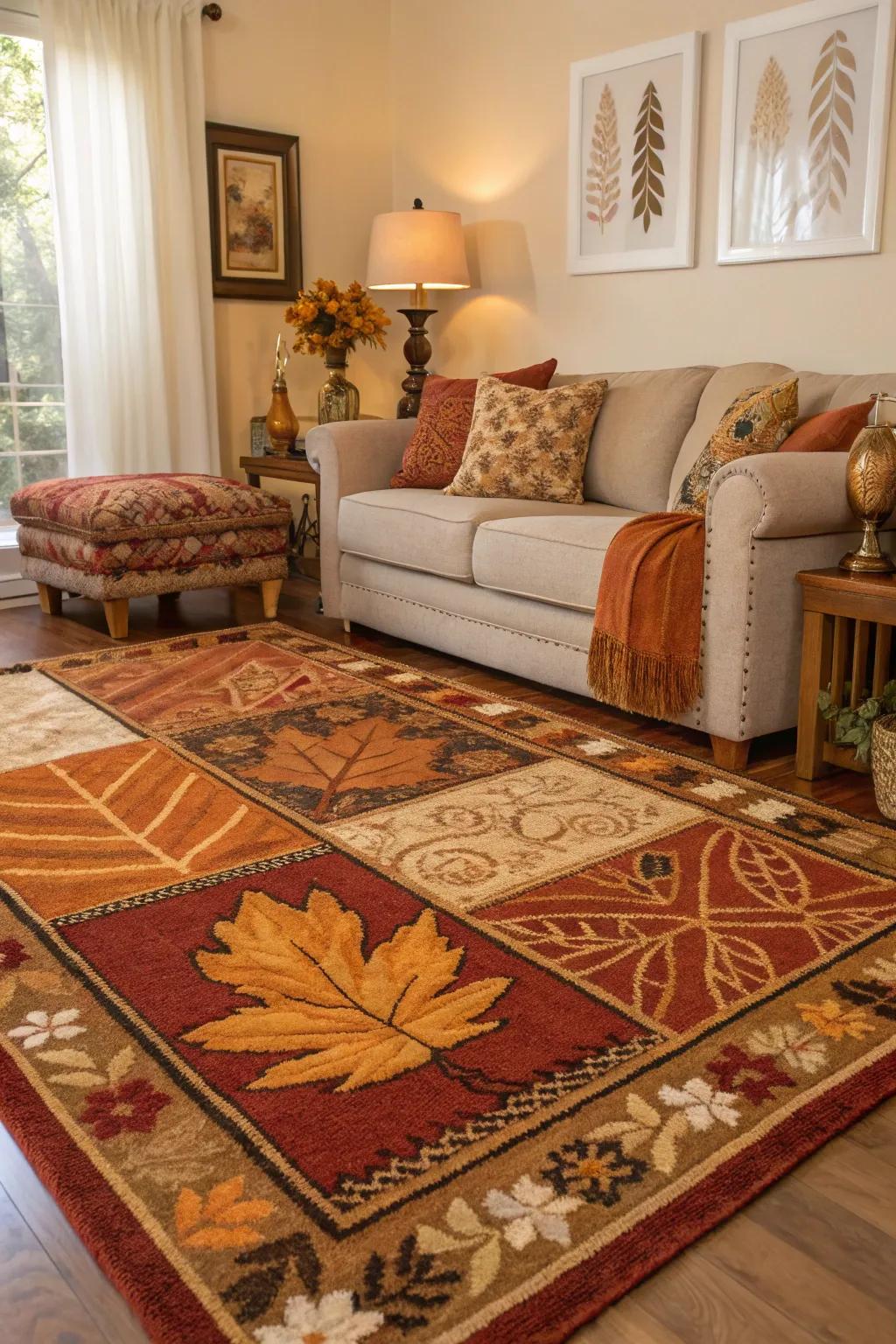Multi-layered floor coverings introduce texture and warmth to this autumn-styled living space.