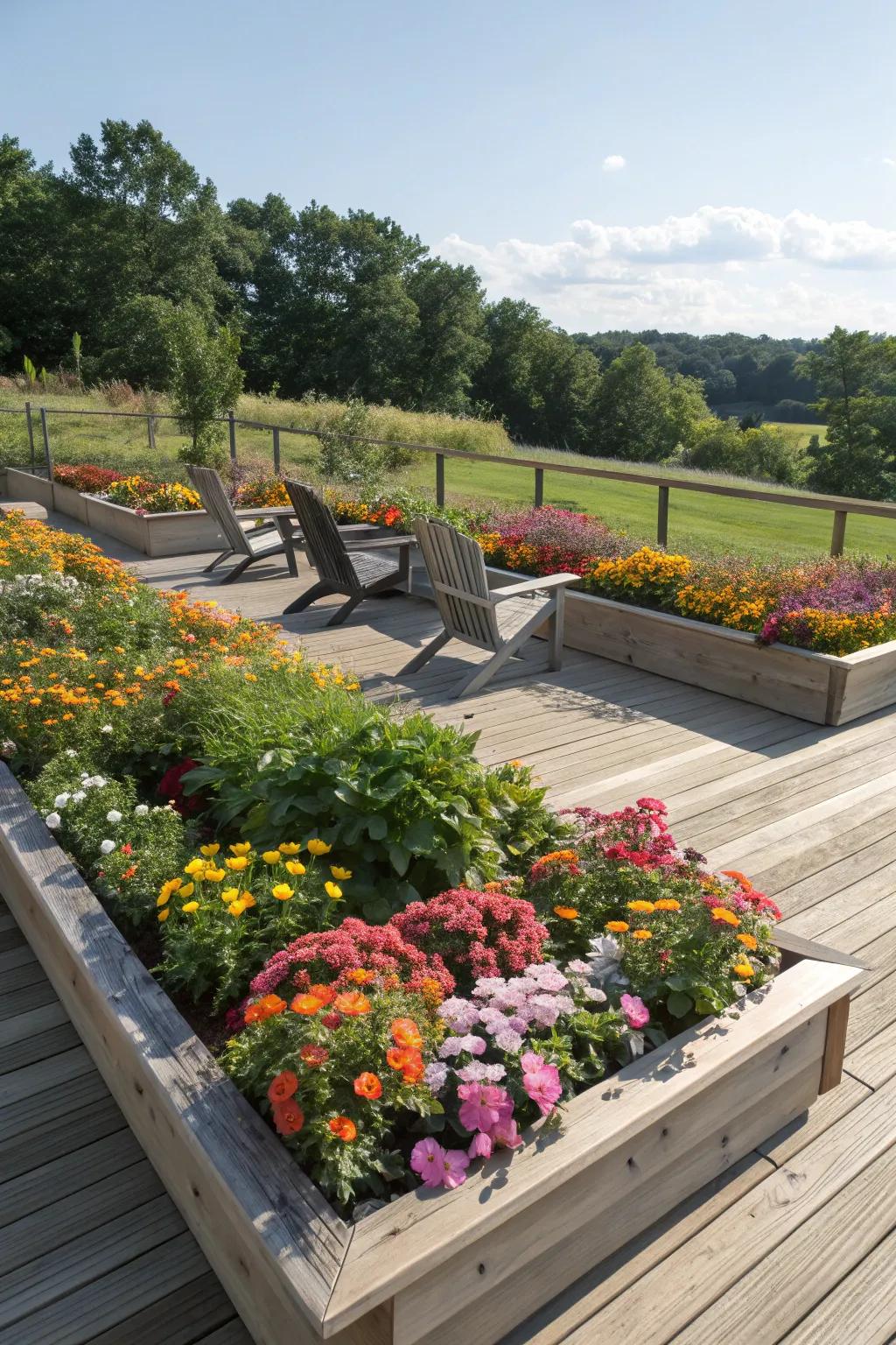Elevated planting beds overflowing with vibrant flowers surrounding a deck.