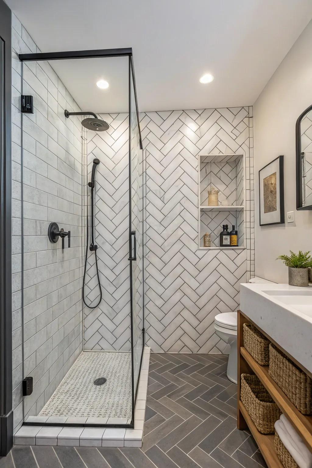 A shower featuring zigzag-patterned tiles, delivering a fusion of classic and contemporary styles.