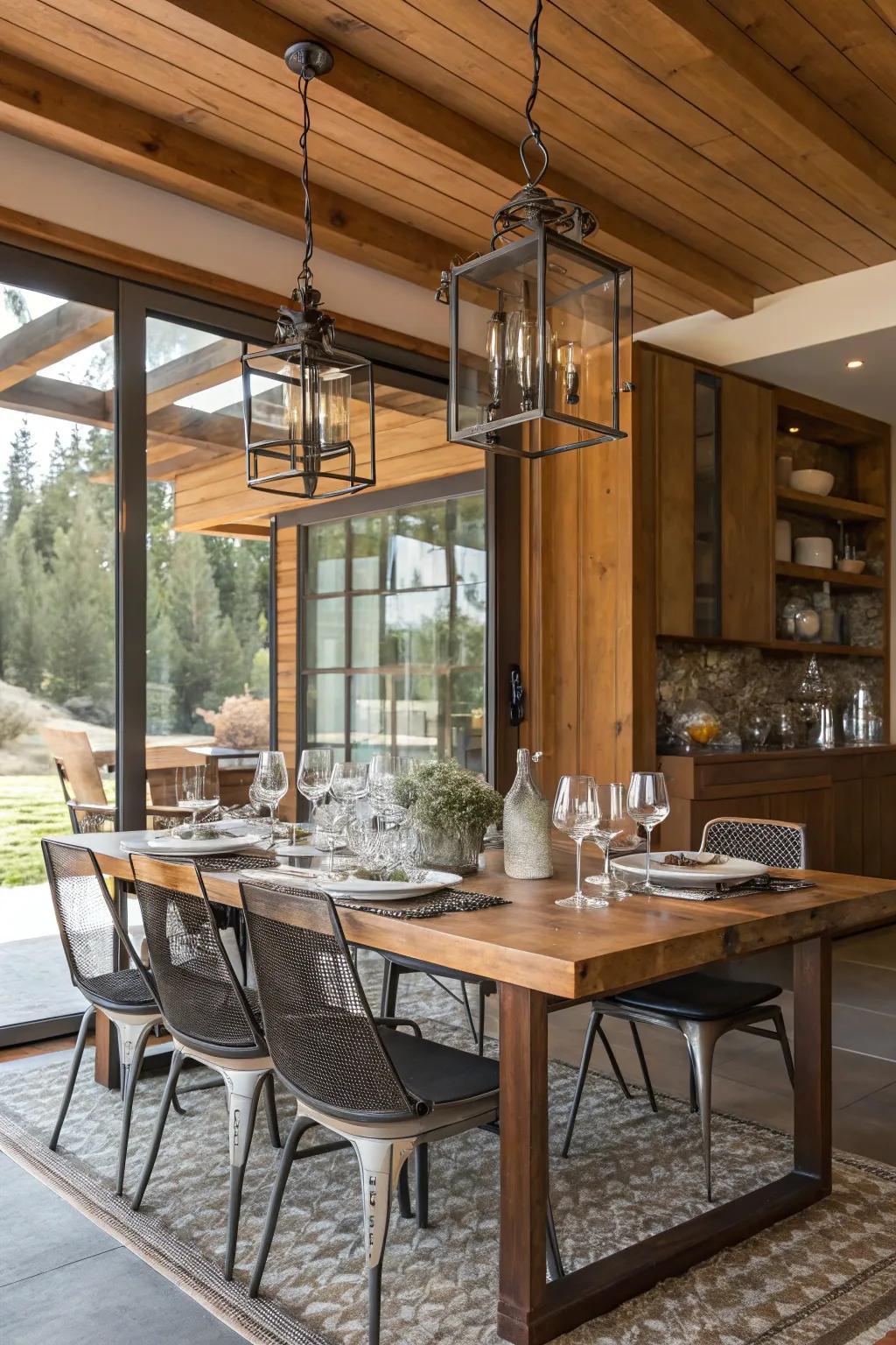 Blending materials enhances texture and interest in a modern dining area.