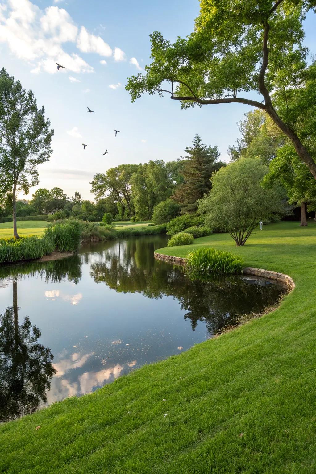 A fluid fusion of pond and lawn for a unified garden.