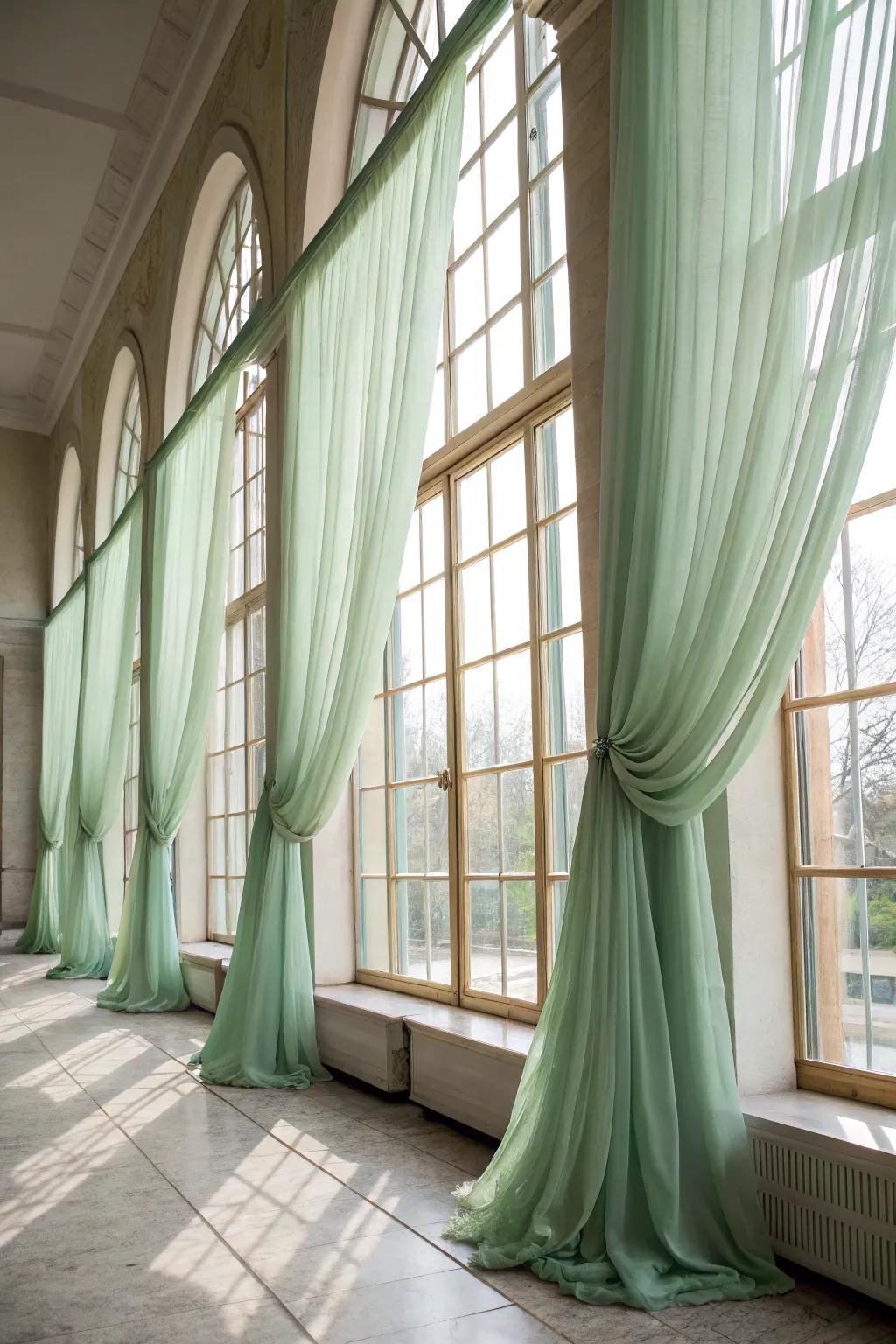 Elegant sage green window coverings framing a sun-drenched window.