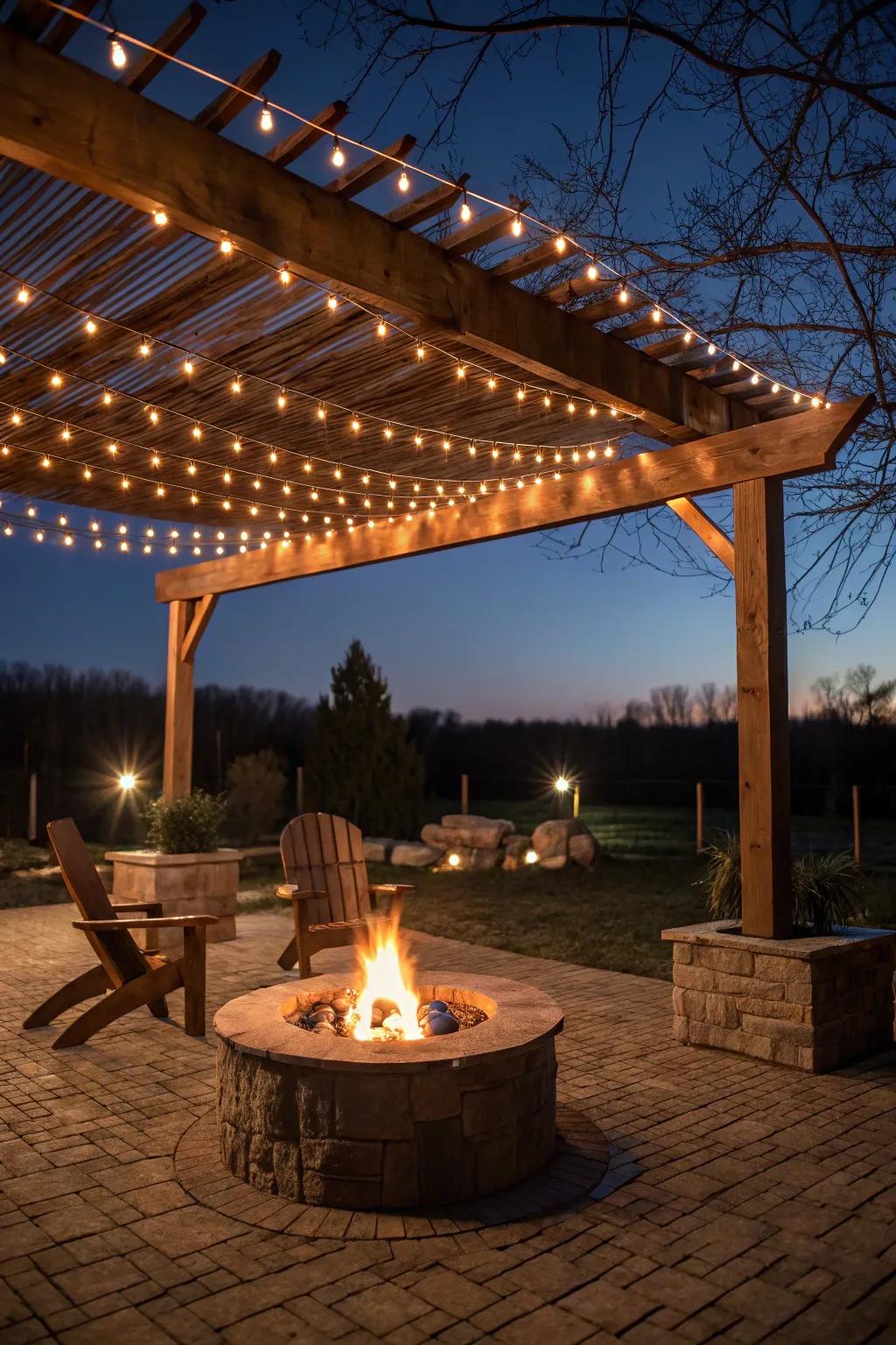 A framework with hanging lights enhances the fire pit area with a magical ambiance.