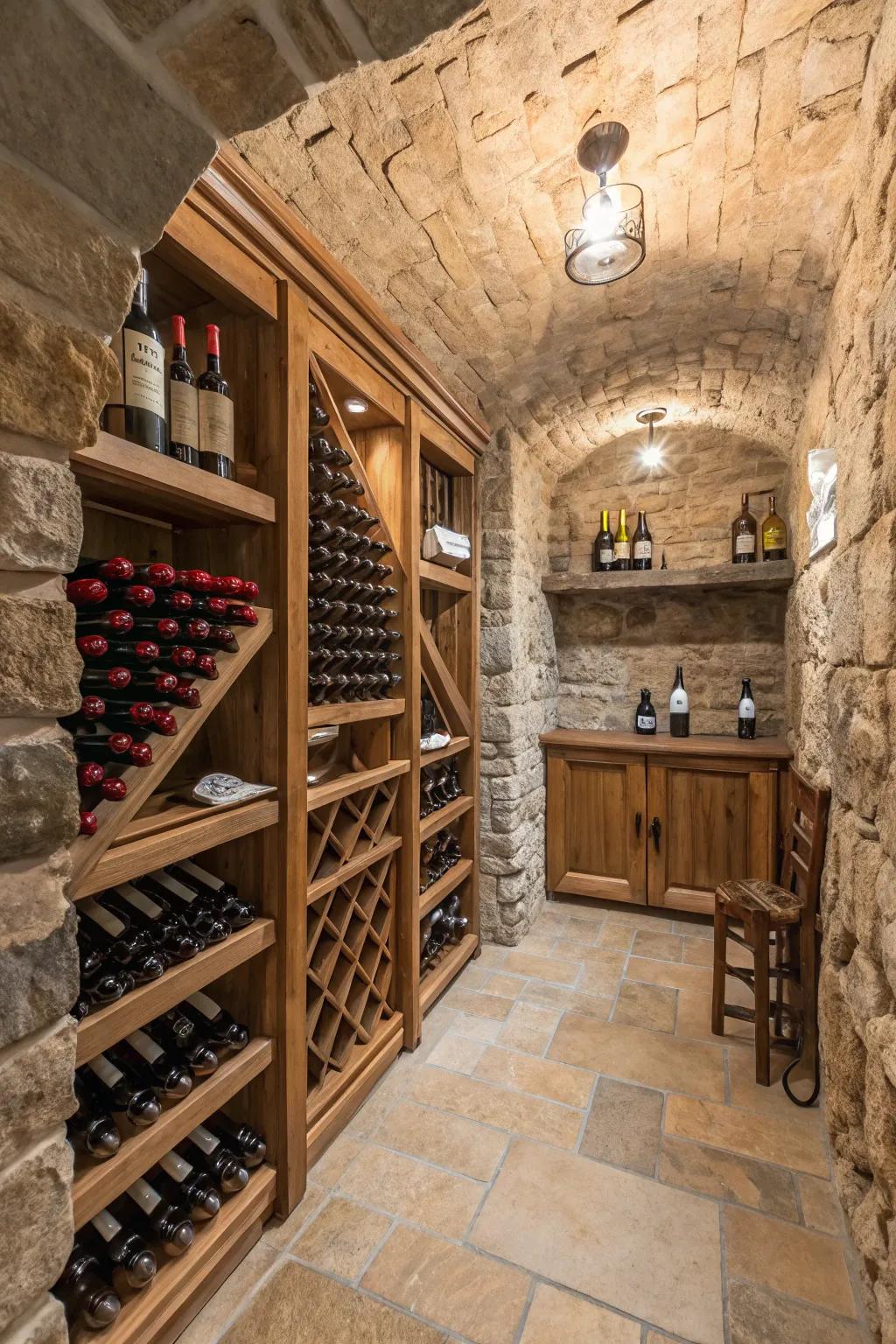 Rock walls bring old world class to the wine cellar.