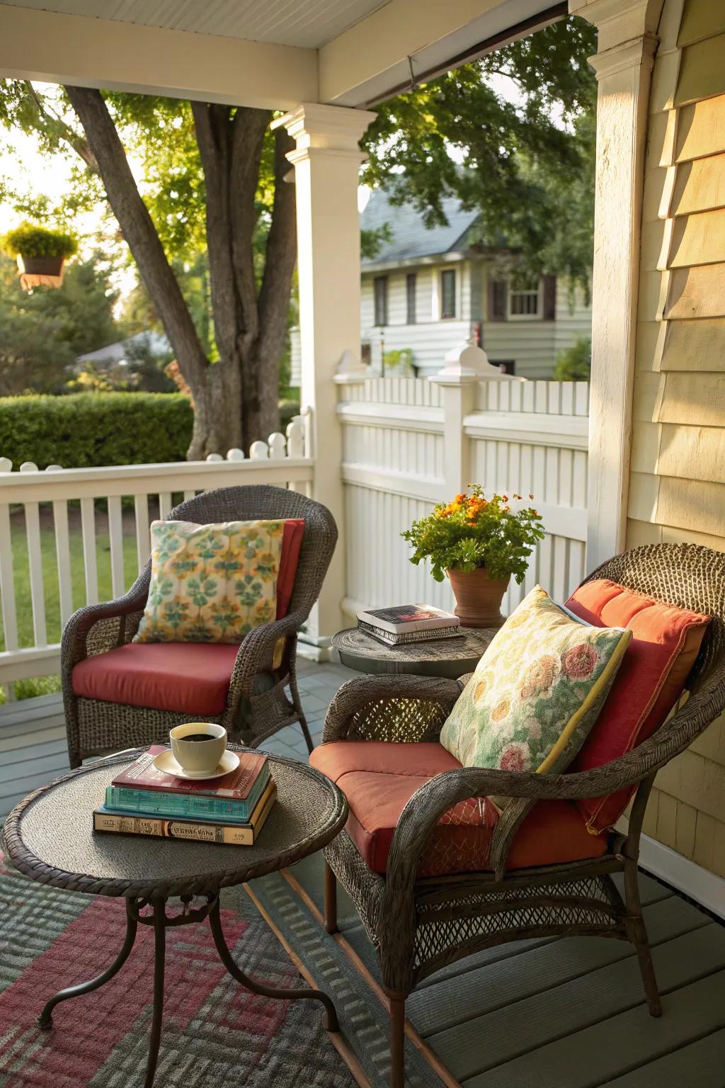 A cozy seating nook is perfect for enjoying the spring weather on your porch.