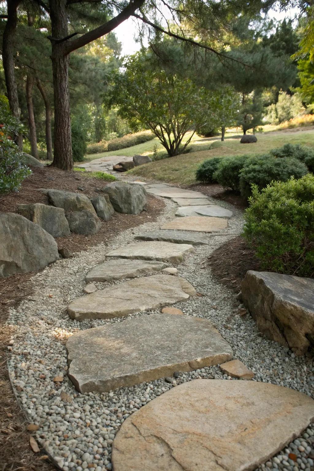 Crushed rock introduces texture and auditory charm to your garden path.