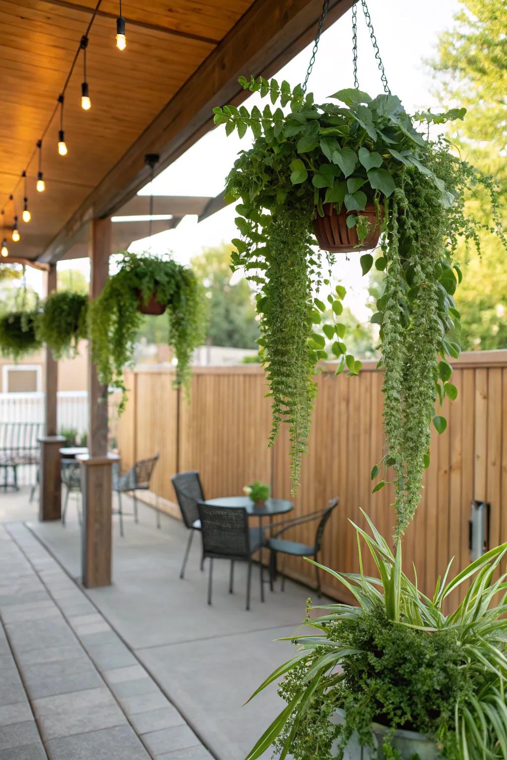 Hanging plants add a lush touch to the patio ambiance.