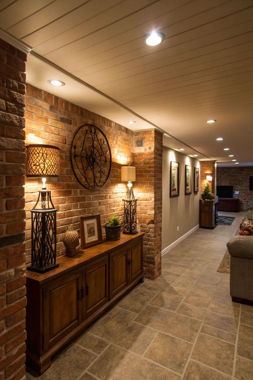 Emphasized lighting draws focus to your basement's finest characteristics.