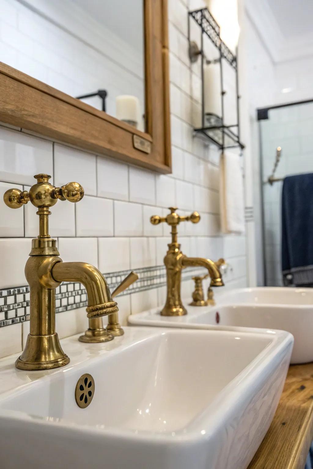 Vintage style brass faucets introduce ageless allure.
