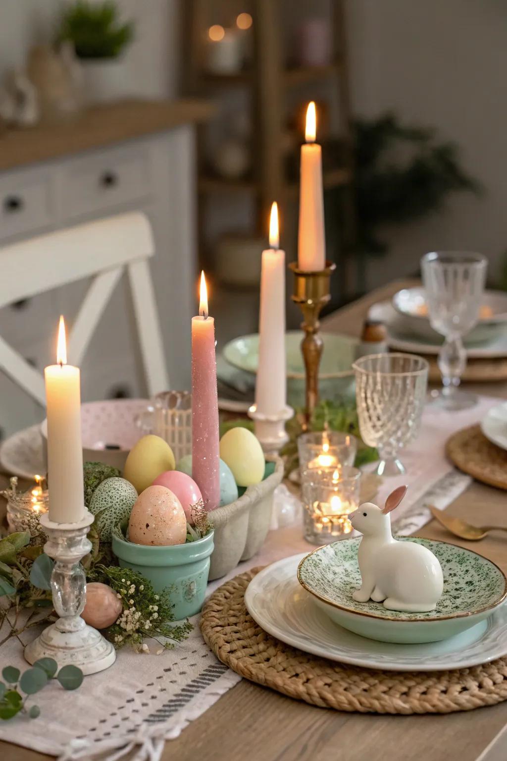 Candlelight brings warmth and charm to the Easter table arrangement.