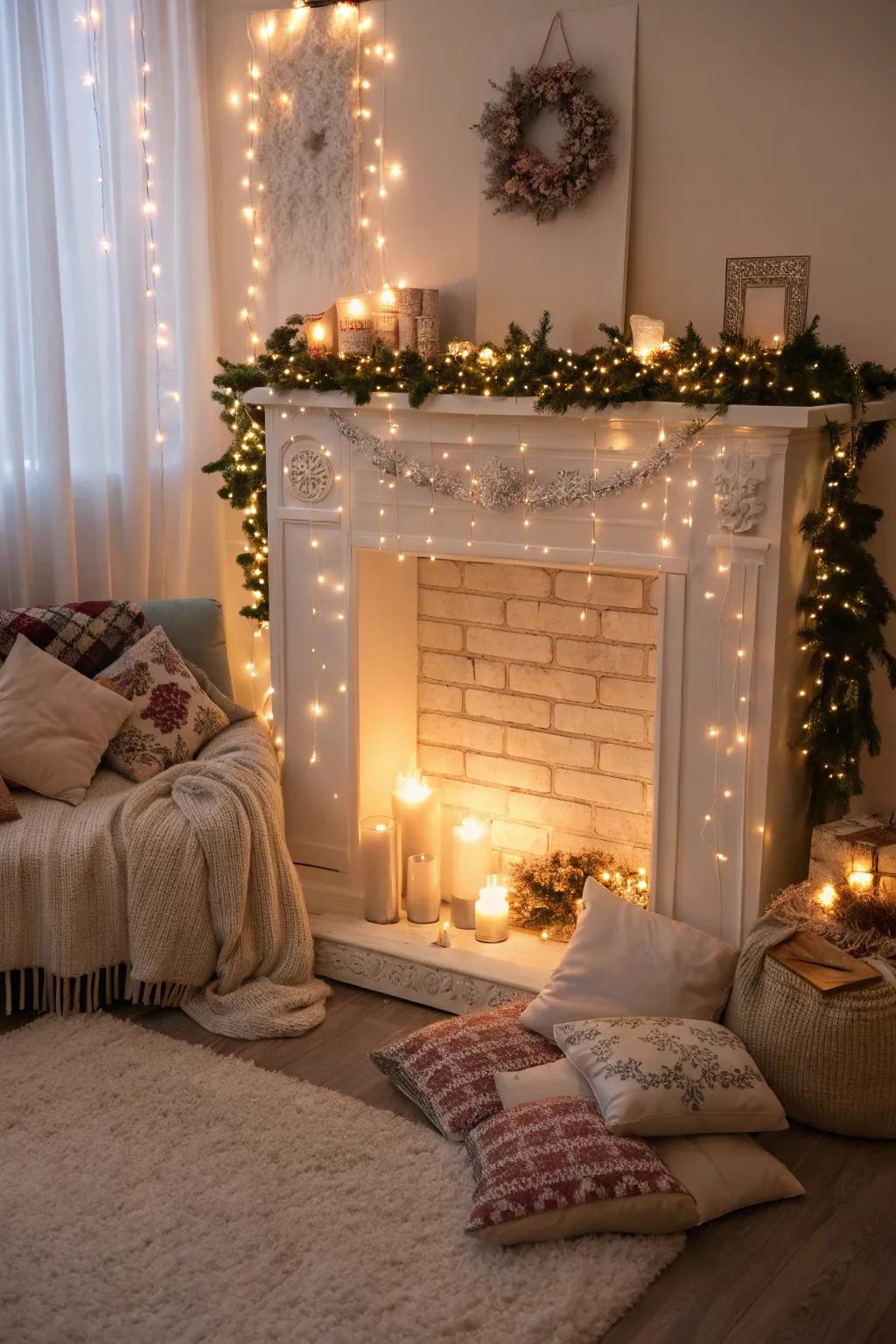 An artificial fireplace sparkling with the magic of fairy lights.