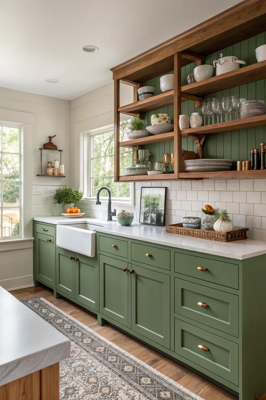Open shelving in a green kitchen showcasing ornamental objects.