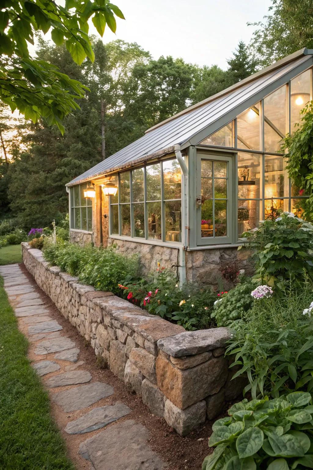 Country stone details add charm to a greenhouse's exterior.