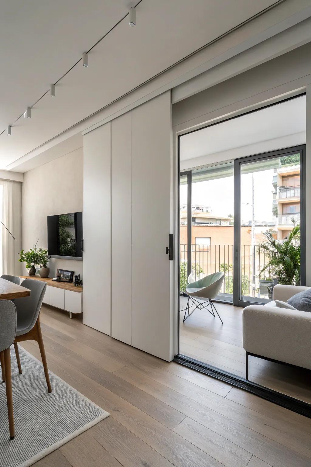 A modern apartment featuring a hidden sliding door.