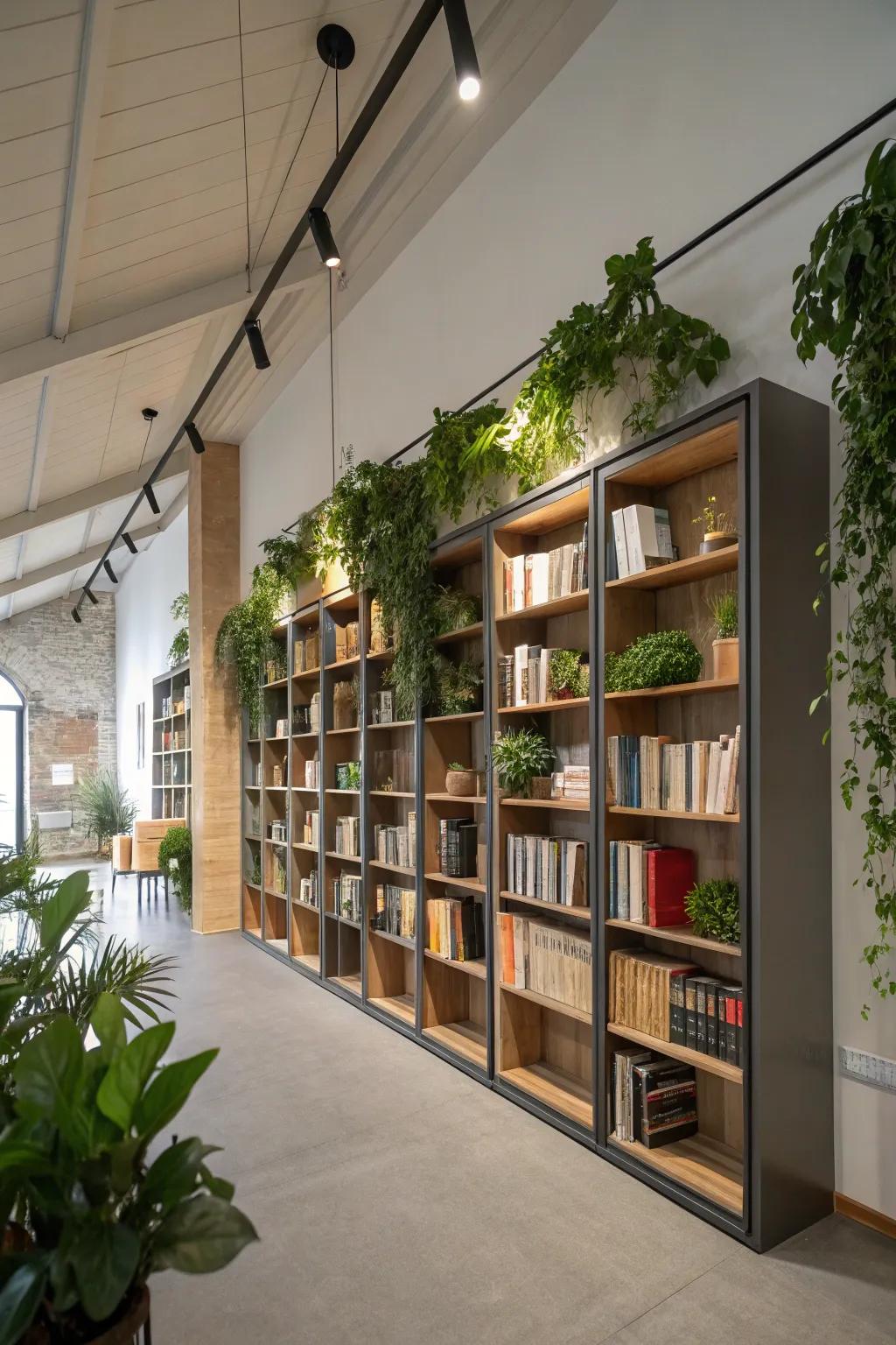A room using its vertical space with tall shelves and hanging greenery.