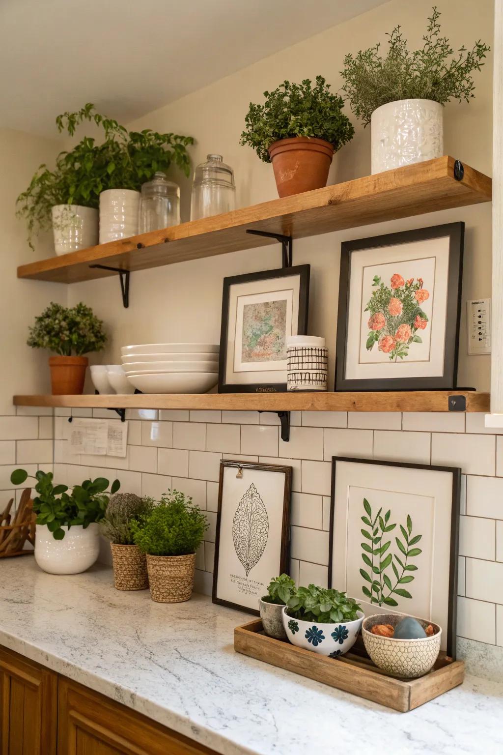 Decorative shelving adorned with plants and artwork.