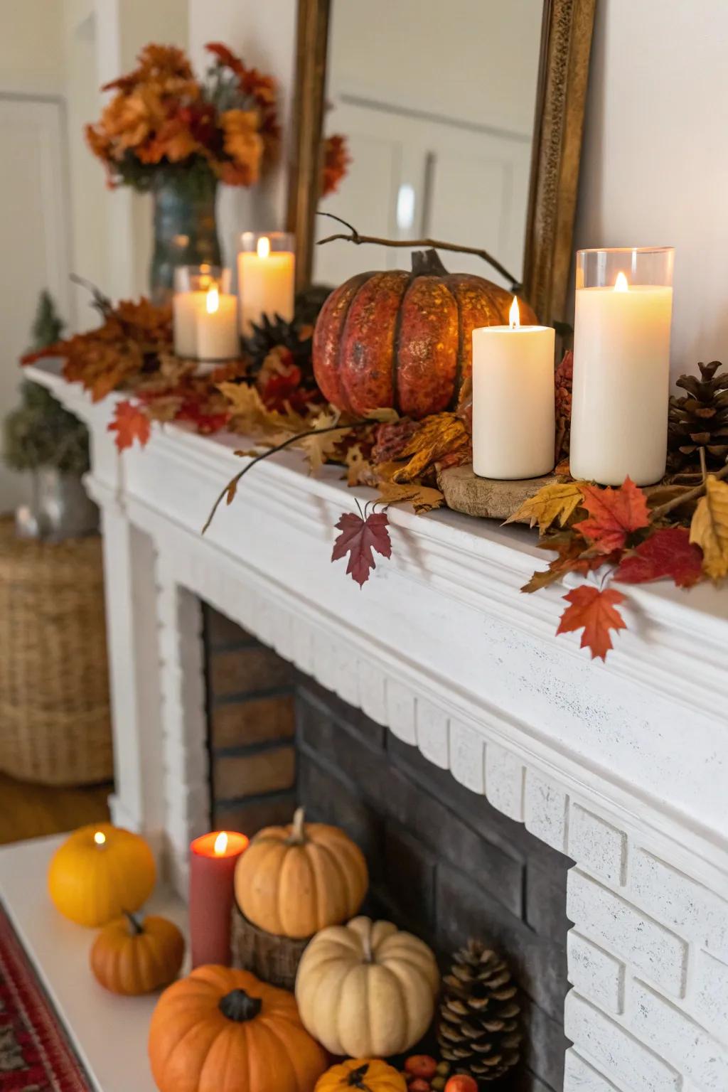 A fall-inspired fireplace arrangement that draws focus and warms the senses.