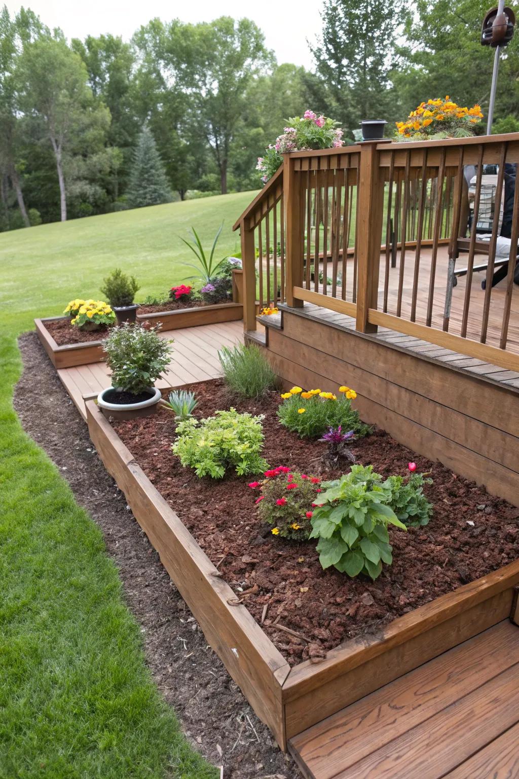 Garden beds with fresh mulch surrounding an elevated deck.