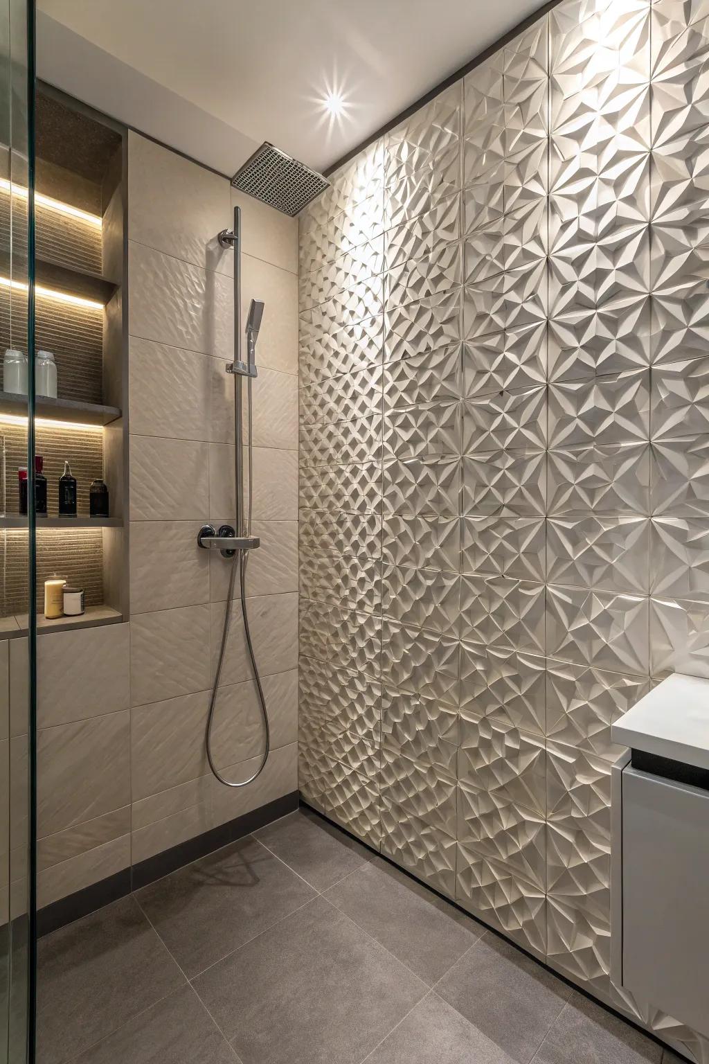 A shower designed using 3D stones, incorporating depth and visual interest.