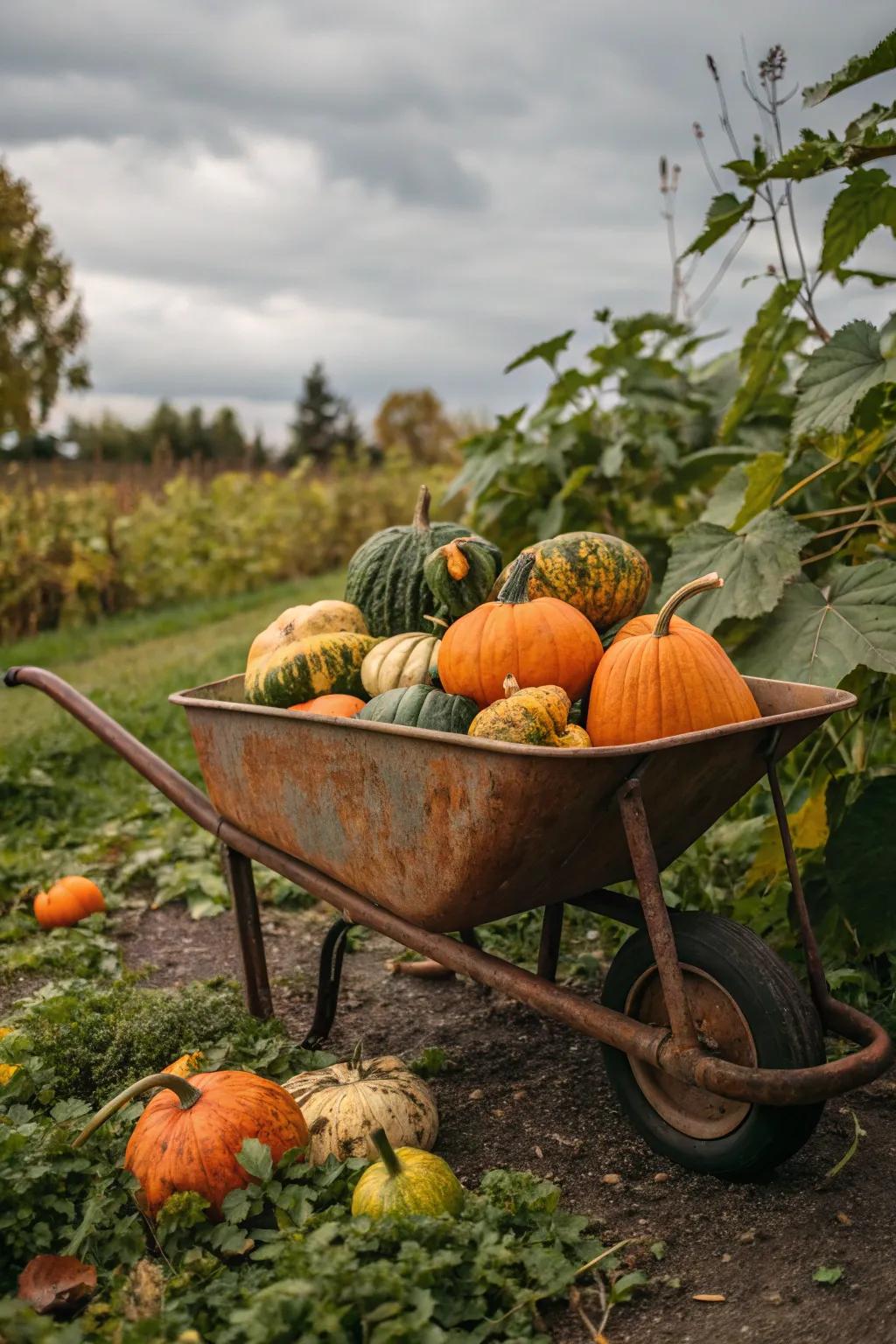 A hand cart overflowing with round guards and bottle gourds creates a nostalgic scene.