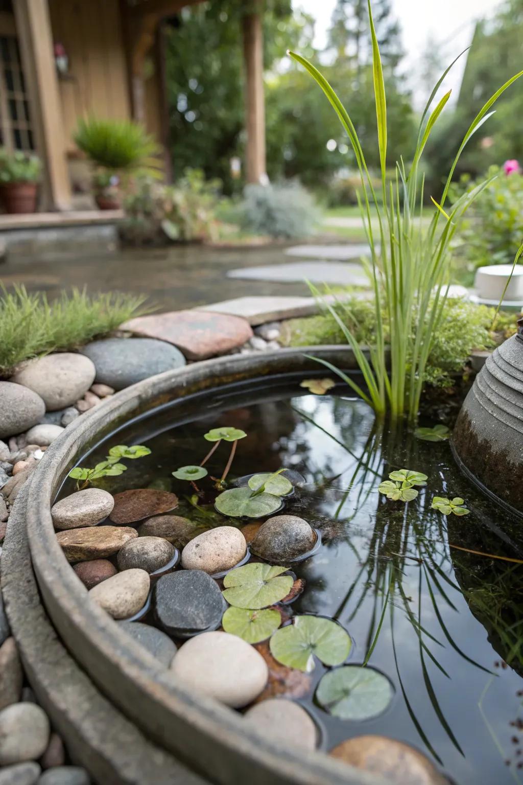 A placid zen container pond suitable for small zones.