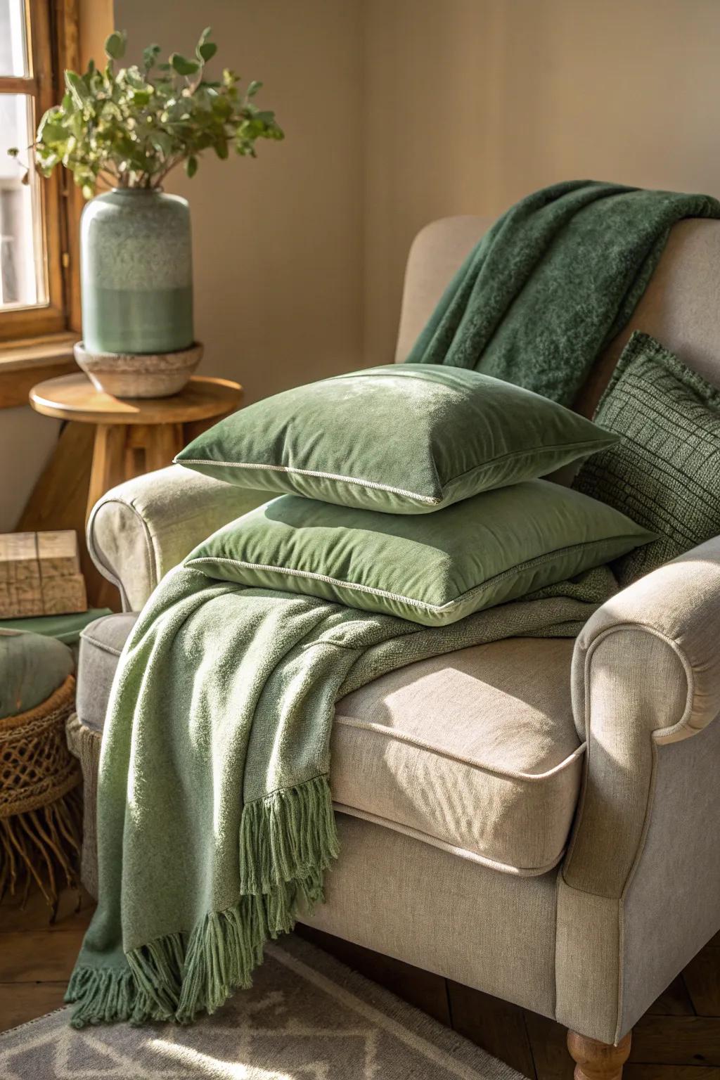 A cozy corner with layered sage green feels.