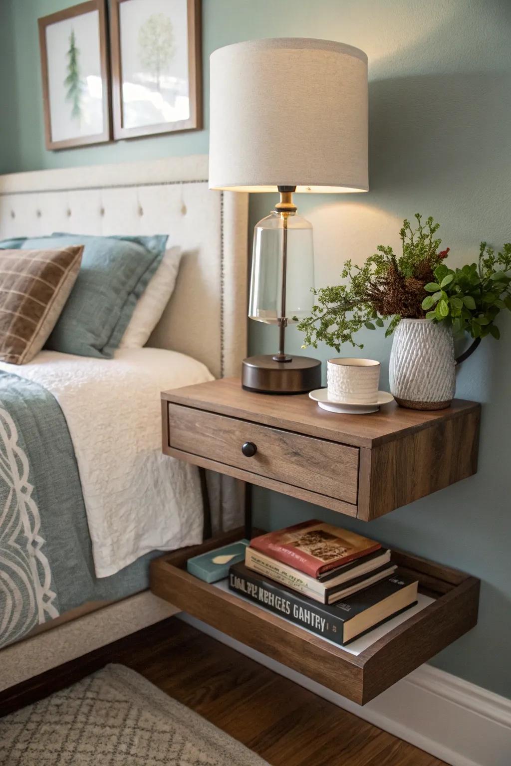 Wall-mounted shelves make perfect nightstands in small spaces.