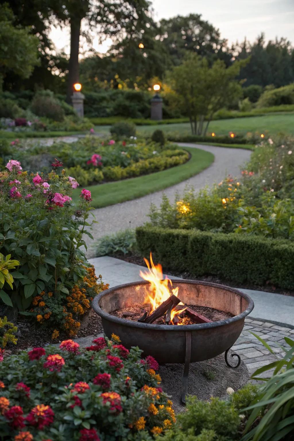 Enclosing the fire pit with vegetation and blossoms creates a tranquil, natural vibe.