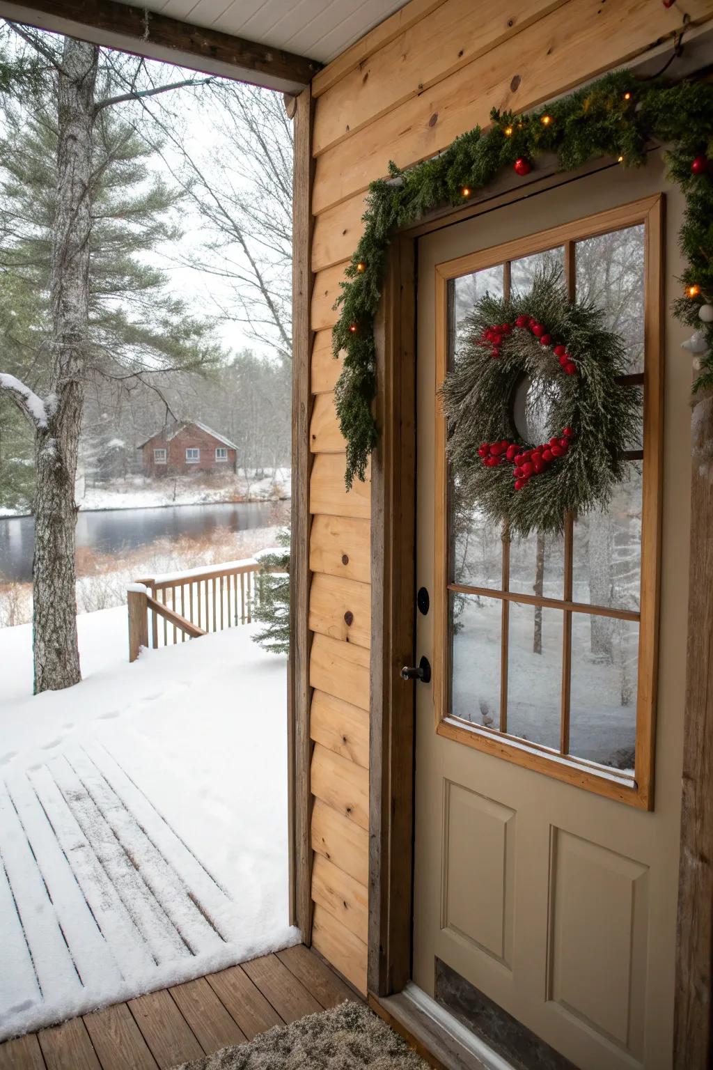 A warm and inviting winter cabin door for a cozy vibe.