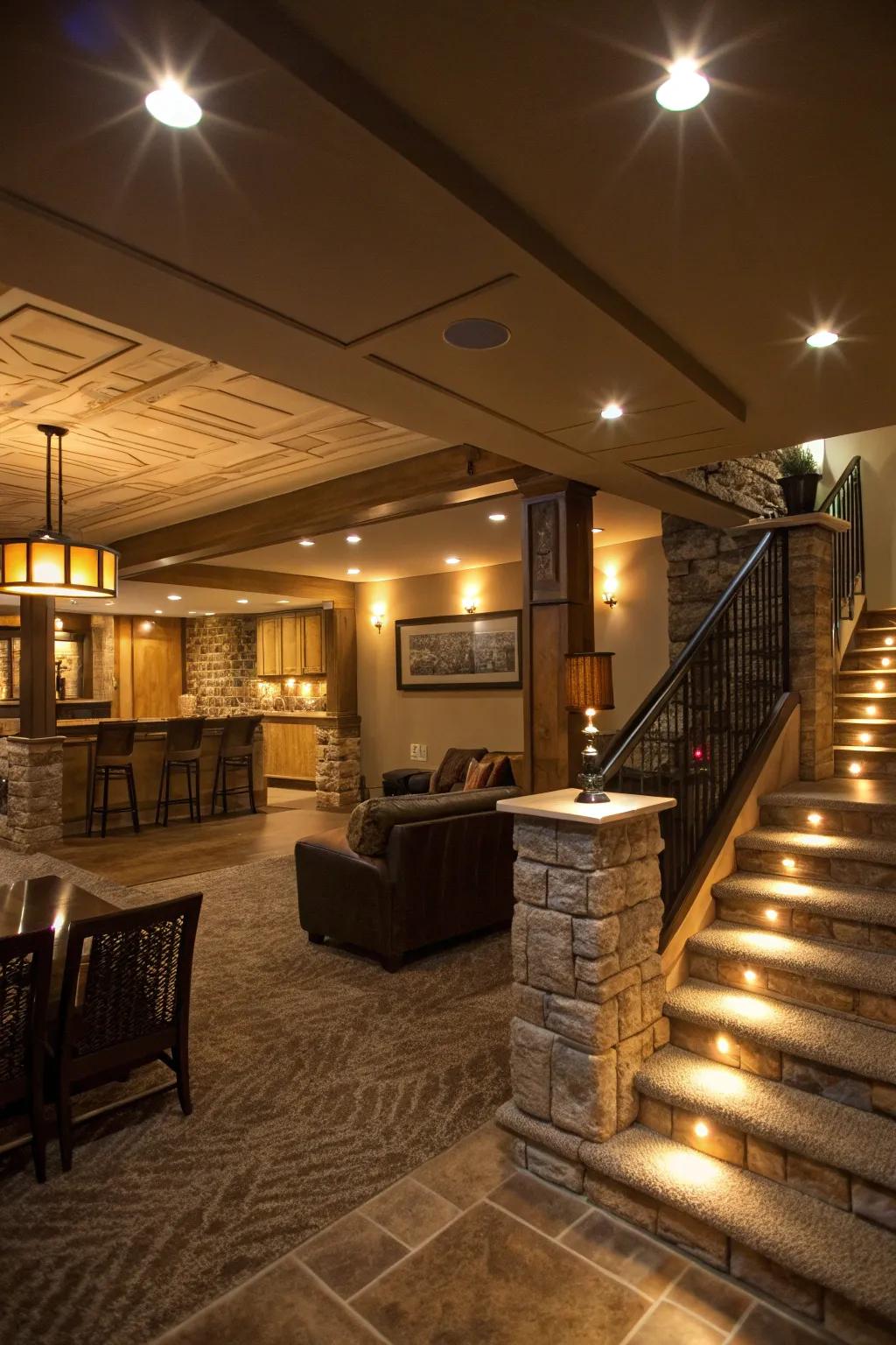 Multi-tiered lighting delivers both utility and atmosphere.