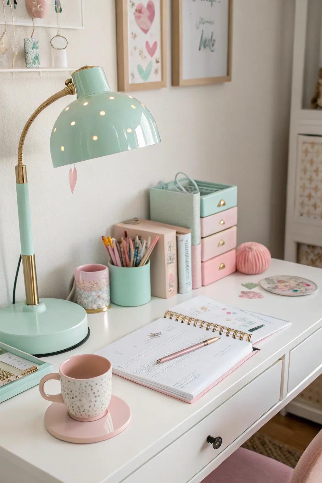 A pastel color theme resulting in a calming and cohesive workspace.
