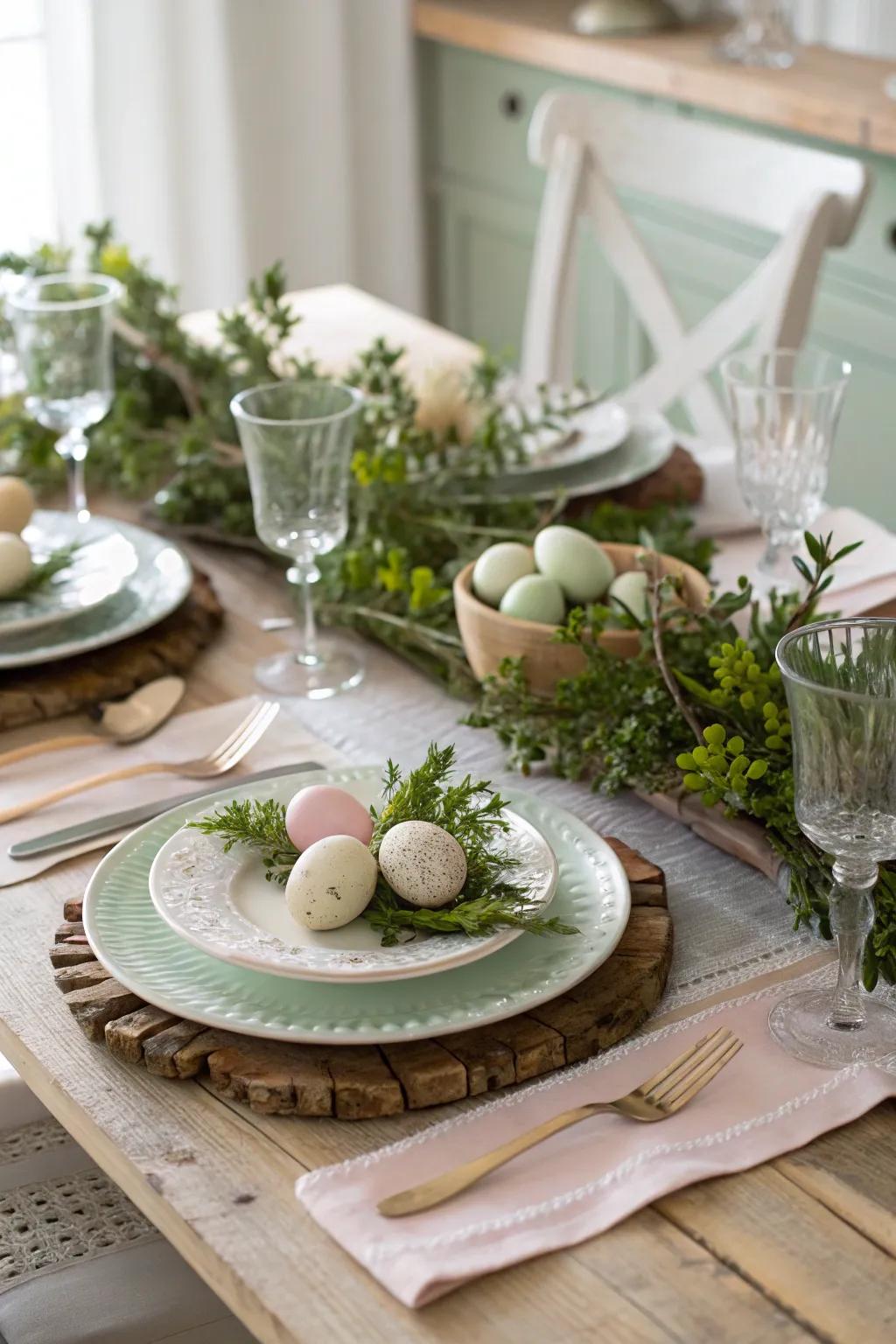 All natural greenery contributes an organic element to the Easter table decor.