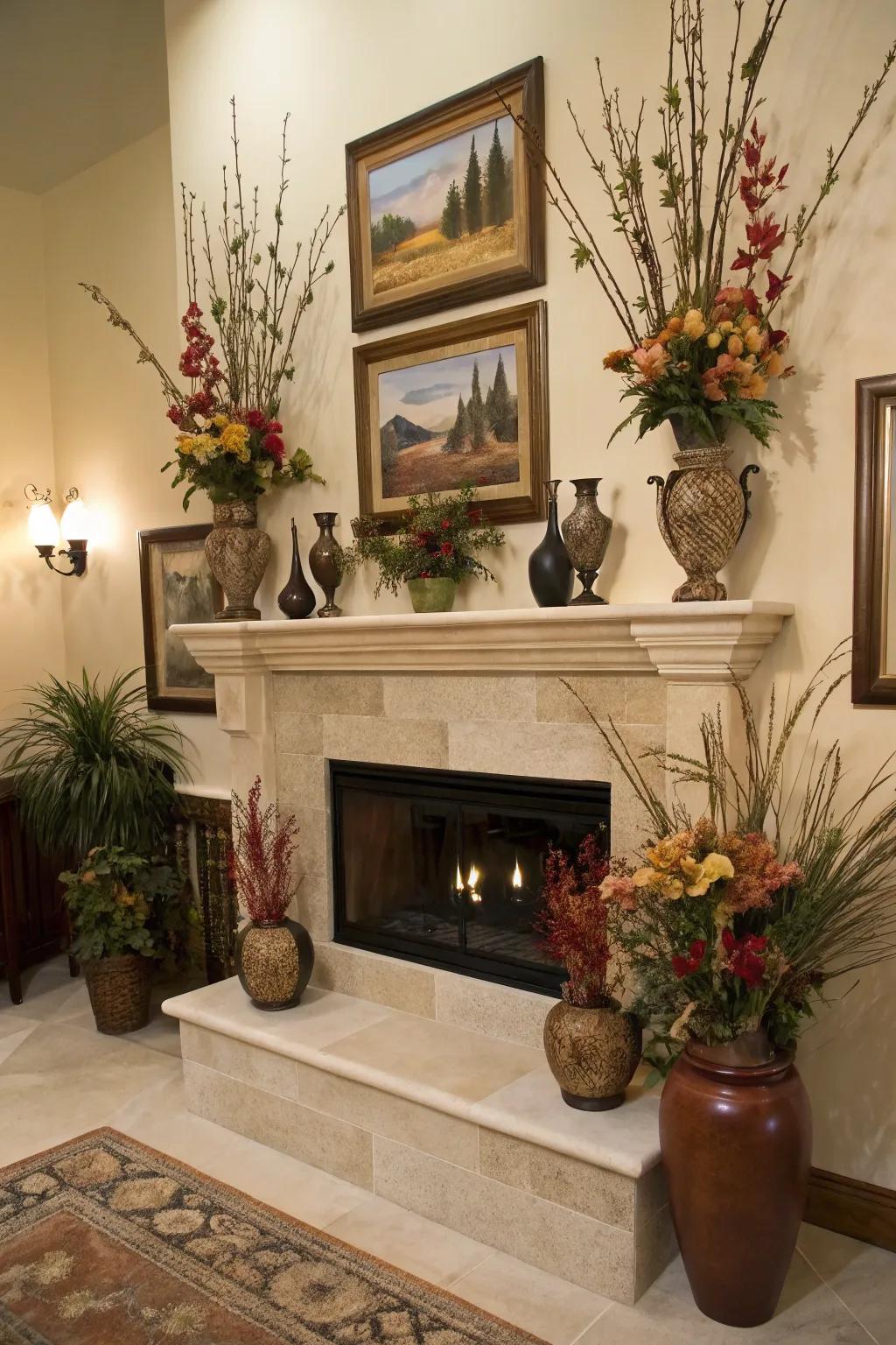 The fireplace's charm is enhanced by decorative accents.