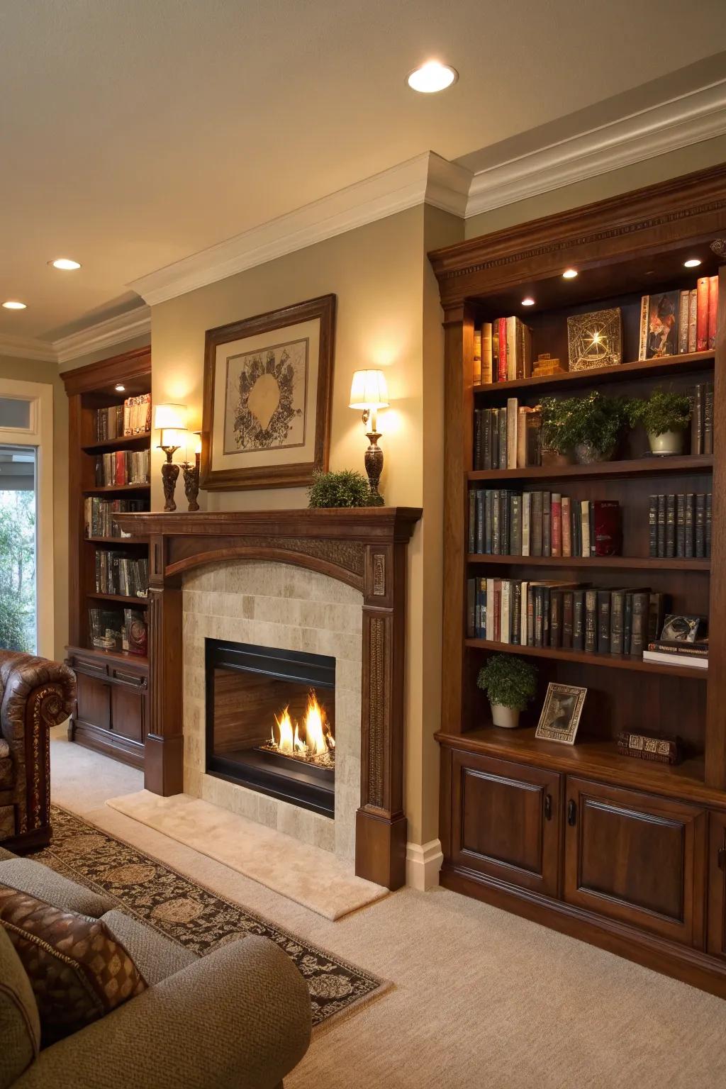 An artificial fireplace cleverly combined with integrated shelving units.
