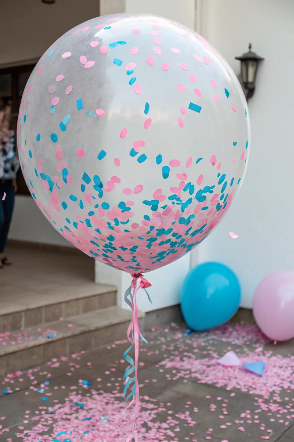 A suspense-filled balloon pop poised to disclose the significant surprise.