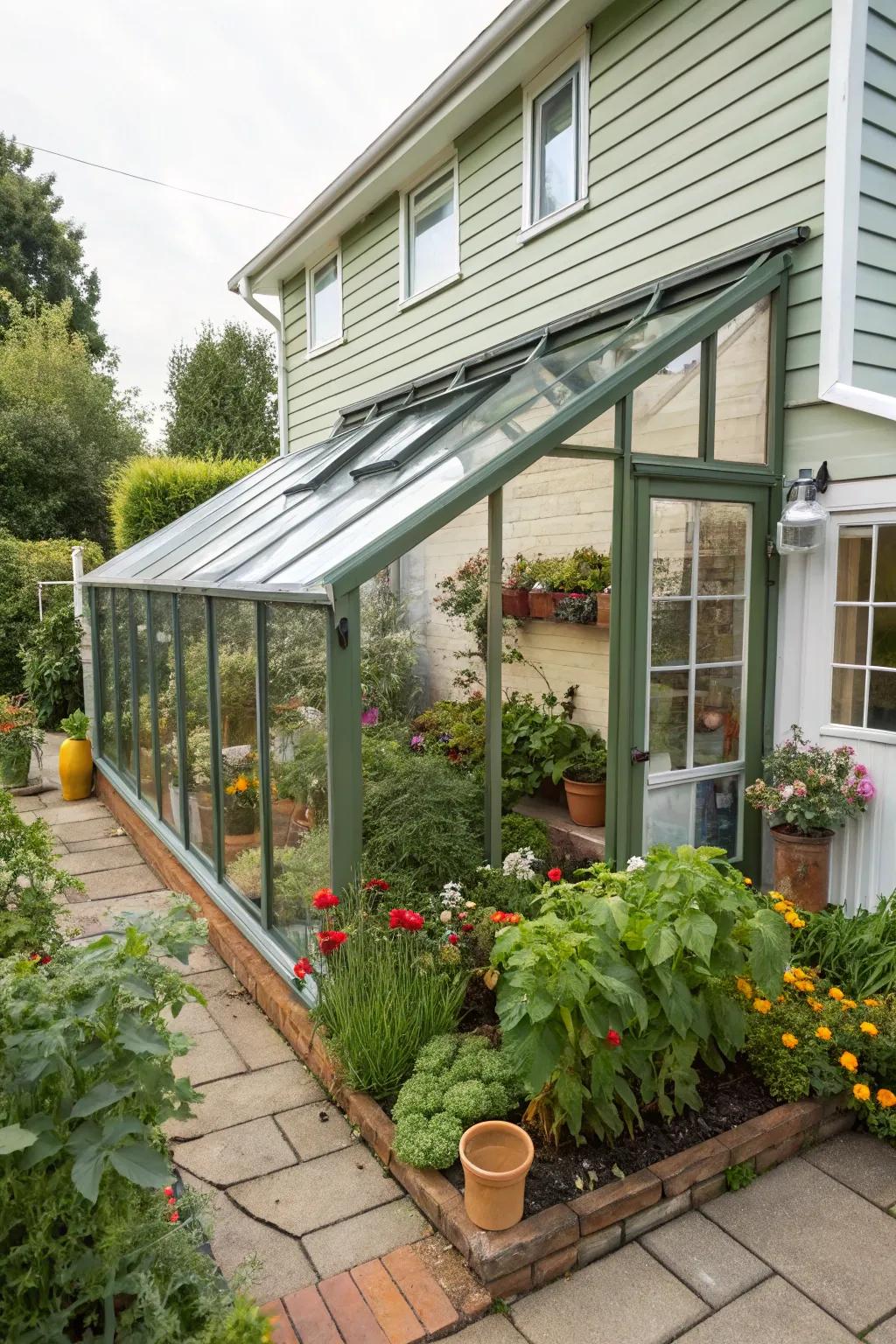 An area-saving lean-to greenhouse connected to a home.