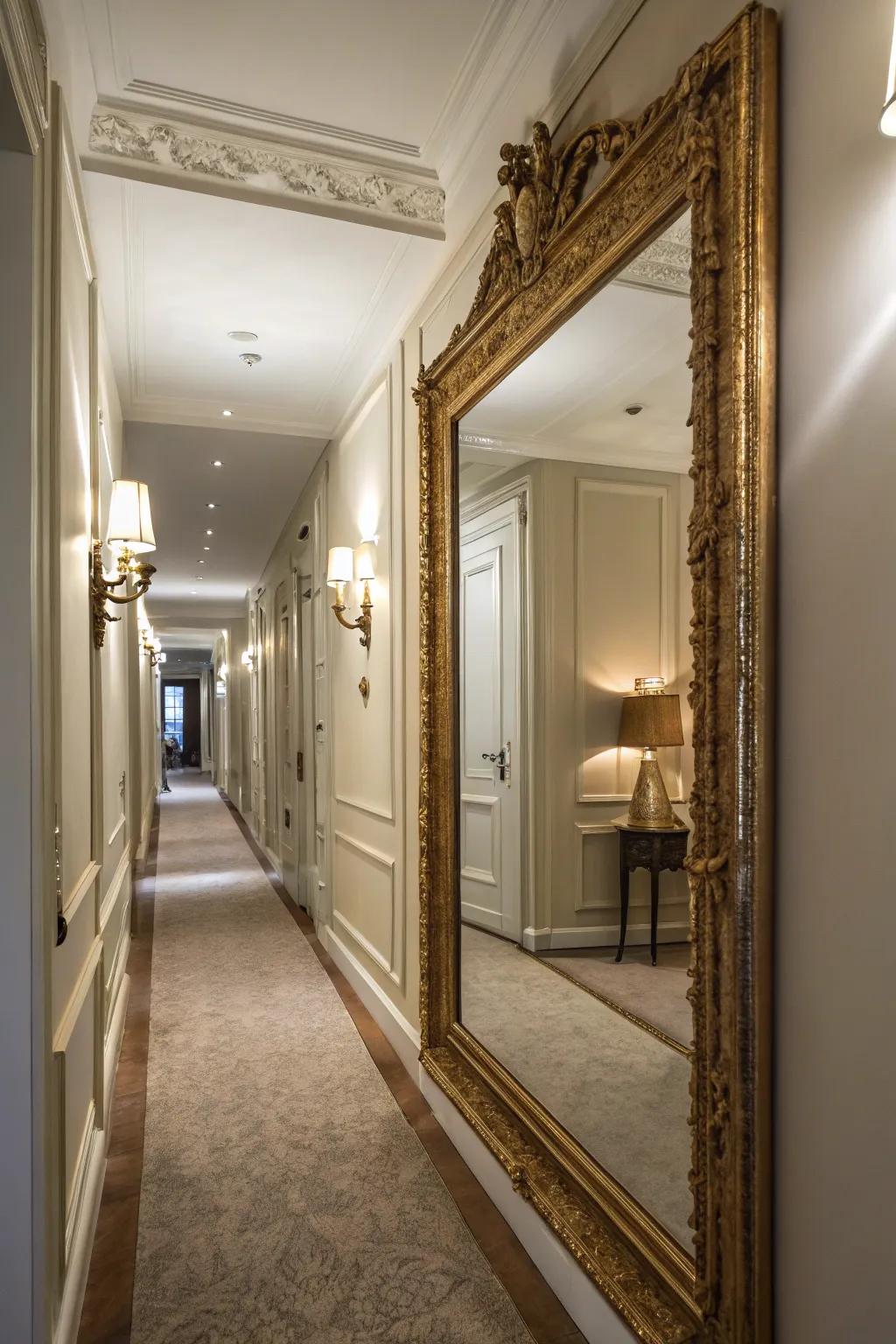 A hallway showcasing a hidden door disguised as a large mirror.