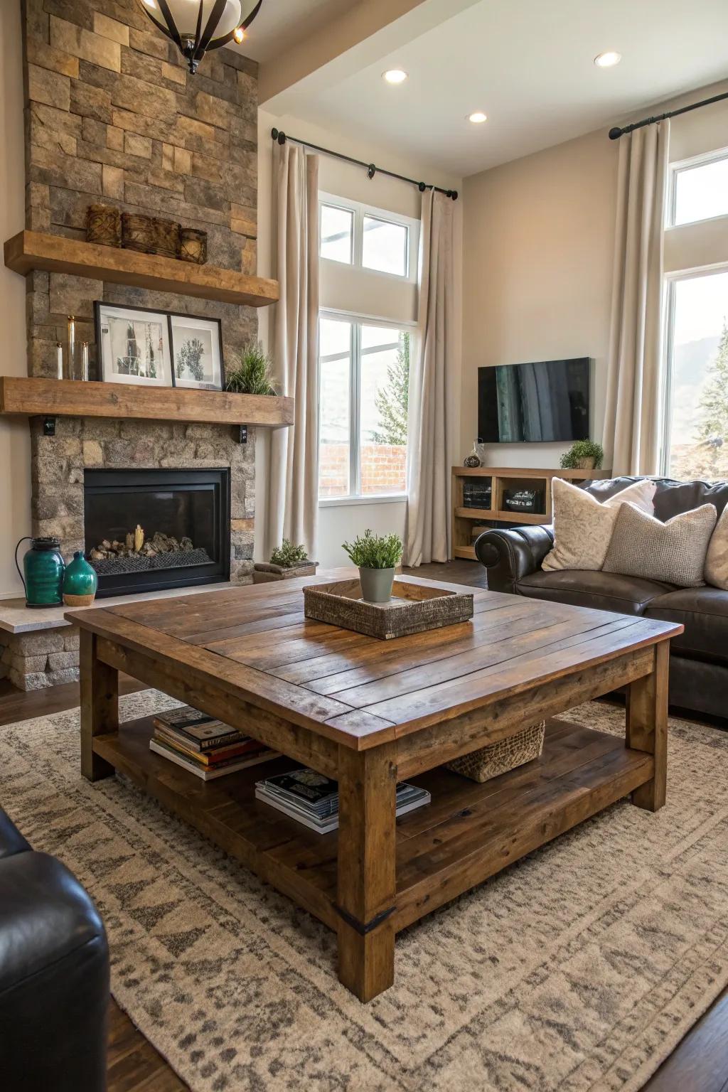 A modern living area that features a cozy aged wood coffee table.
