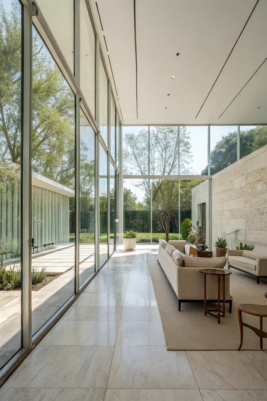 A modern interior showcasing glass walls that amplify the feeling of space.